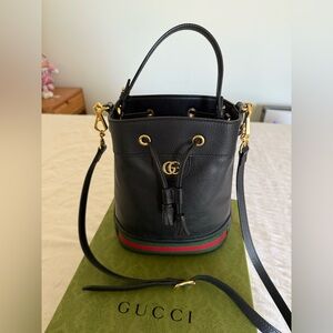 **STILL FOR SALE**Gucci Black Leather Bucket Bag with Gold and Green-Red Stripes
